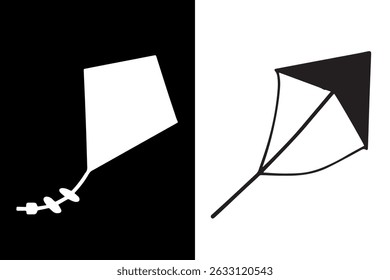 Clean black silhouette vector of a flying kite with a tail on black and white Background.