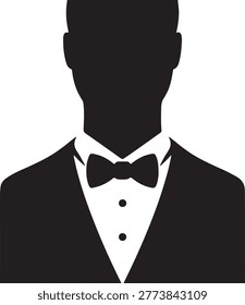 Clean black silhouette vector of a formally dressed man in a tuxedo and bow tie, ideal for corporate or event designs.