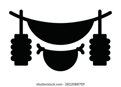 A clean black silhouette vector graphic illustrating traditional paper lanterns suspended on poles flanking a wide curved banner and a decorative ceremonial bowl below. This minimalist cultural design element showcases festive Asian heritage on a plain white background.