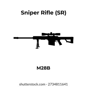 Eine saubere schwarze Silhouette, Vektorgrafik eines M28B Scharfschützengewehres, das auf weißem Hintergrund zentriert ist.