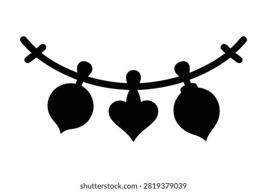 A clean black silhouette vector illustration of a festive hanging ornament string featuring a central heart shape flanked by two detailed baubles for winter holiday celebrations and seasonal graphic projects