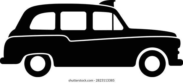 A clean black silhouette vector illustration of a iconic classic London taxi cab car shown from the side view. Isolated on a white background, this timeless British transport graphic is ideal for travel guides, taxi service logos, urban transit app icons, posters, stickers, and graphic design projects.