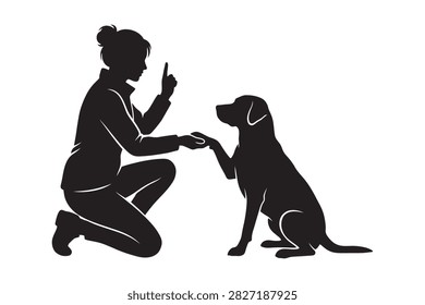 A clean black silhouette vector illustration of a woman kneeling and training a dog, shaking paws and teaching obedience commands, designed for pet training, animal care, and obedience concepts.