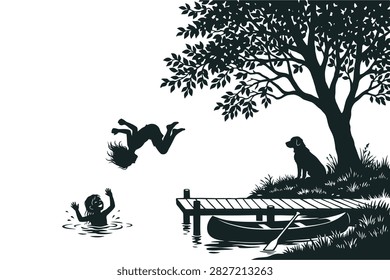 A clean black silhouette vector illustration of children swimming and jumping into a lake from a dock under a tree with a dog sitting nearby and a canoe below, designed for summer, outdoor recreation, and childhood memory concepts.