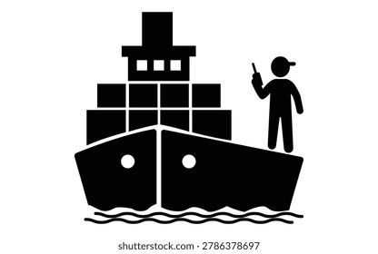 clean black silhouette vector showing a cargo ship with freight containers and a sailor standing on deck holding a radio, ideal for maritime logistics, sea transport, shipping industry, cargo delivery, and supply chain concepts.