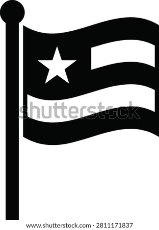 Clean black silhouette of a waving flag mounted on a flagpole, featuring a star and striped design that symbolizes national pride, civic identity, and public representation. Ideal for government projects, educational materials, patriotic campaigns, cultural events, and political communication graphics.