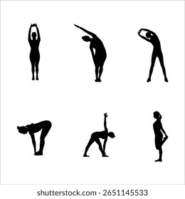 A clean black silhouette of a woman in six yoga and stretching poses, symbolizing fitness, flexibility, balance, and wellness. Great for creative, health, or commercial design use.



