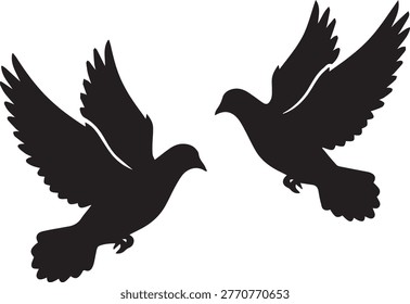 Clean black silhouettes of pigeons in flight. Minimalist flat vector representing peace, urban nature, and messengers.