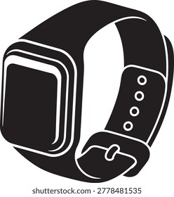 Clean black smartwatch illustration featuring a rectangular screen and adjustable band.