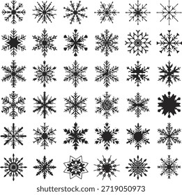 Limpie la colección negra del icono del copo de nieve con los diseños únicos múltiples que representan el invierno, el Clima frío, la nevada, y la decoración estacional para el diseño y el uso de las vacaciones.