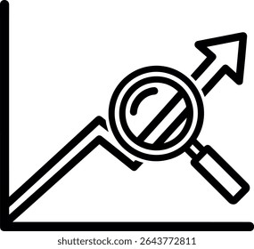 Ícone de traçado preto limpo de uma linha de gráfico ascendente com uma lente de aumento, representando a análise de desempenho e o controle de crescimento.