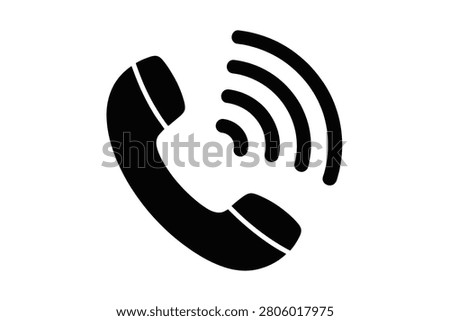 A clean black telephone handset vector icon featuring radiating sound waves to represent active communication. This minimalist graphic is ideal for customer service hotlines contact us sections and helpline designs on a solid white background.