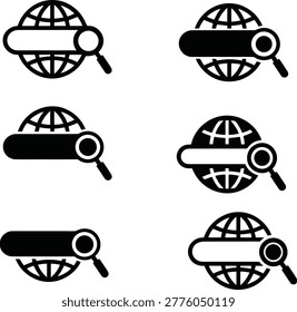 A clean black vector collection of 8 modern global search icons. Each design combines a globe with a search bar and magnifying glass, representing worldwide search, international discovery, and global information access. Clean, professional flat design style. Perfect for search engines, SEO tools, travel apps, international business directories, research platforms, and global web services. Fully scalable on white background.