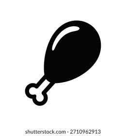 Um ícone vetor preto limpo sobre um fundo branco mostra uma perna de frango frita clássica ou baqueta, simbolizando alimentos, refeições ou opções de fast food.