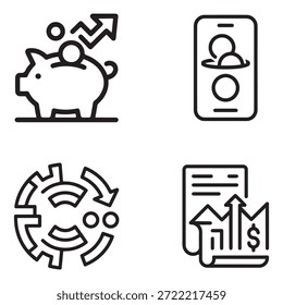 Iconos de vectores negros limpios que ilustran la optimización de costos de la nube, el monitoreo de uso y el control de recursos para una administración eficiente de la infraestructura de la nube.