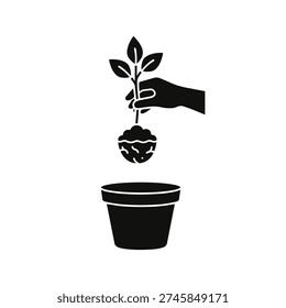 A clean black vector illustration showing a hand carefully lowering a young seedling with its root ball into a flower pot. This graphic perfectly represents transplantation, home gardening, urban farming, and the beginning of a new growth project.