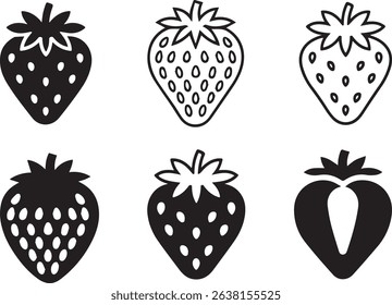 A clean black vector silhouette clipart set of strawberries in various shapes, including whole, sliced, outlined, and solid designs.