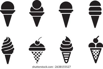 A clean black vector silhouette clipart set of cone ice creams featuring various styles single scoop, double scoop, swirl, waffle.