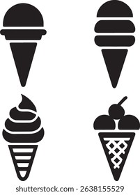 A clean black vector silhouette clipart set of cone ice creams featuring various styles single scoop, double scoop, swirl, waffle.