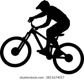 A clean black vector silhouette of a cyclist riding a mountain bike or bmx doing a jump stunt. This dynamic athletic graphic is perfect for extreme sports marketing, cycling event posters, adventure logos, and active lifestyle branding.
