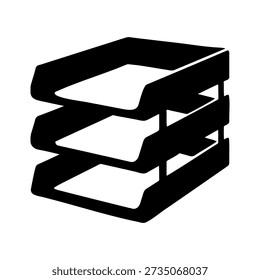 Clean black vector silhouette of stacked paper trays for office desk document organization, ideal icons, logos, print designs.