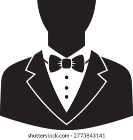 Clean black vector silhouette of a tuxedo suit featuring a bow tie, perfect for formal or elegant designs.