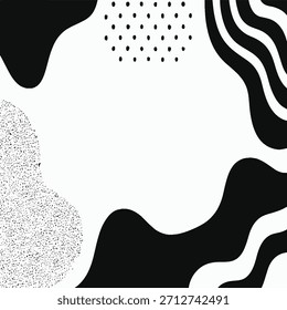 A clean black and white abstract background featuring organic shapes, bold flowing curves, dotted patterns, and textured speckle elements. This modern monochrome design combines smooth negative space 