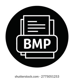 A clean black and white circular icon featuring the BMP file extension. This professional symbol represents bitmap image documents used in computing and digital design.