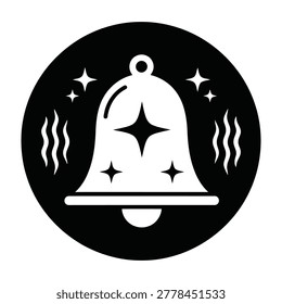 A clean black and white circular icon featuring a ringing bell with sparkling stars and sound waves. Perfect for web interface notifications, alerts, and ringtones.