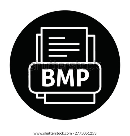 A clean black and white circular icon featuring the BMP file extension. This professional symbol represents bitmap image documents used in computing and digital design.