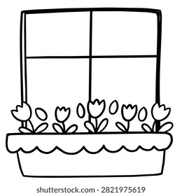 A clean black and white coloring page drawing featuring a rectangular window with a flower box filled with tulip flowers and leaves