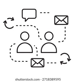 A clean black and white communication and user interaction vector illustration featuring people icons, message bubbles, email symbols, and directional arrows representing online messaging, information flow, collaboration, and digital communication. Designed in minimal outline style with consistent stroke width and simple shapes. Perfect for websites, mobile apps, UI UX design, presentations, infographics, customer support, teamwork, and business communication concepts. Fully editable scalable vector illustration isolated on white background.
