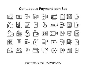 Saubere schwarz-weiß kontaktlose Zahlung Symbol-Set mit NFC, QR, POS, Geldbörse, mobile Symbole.