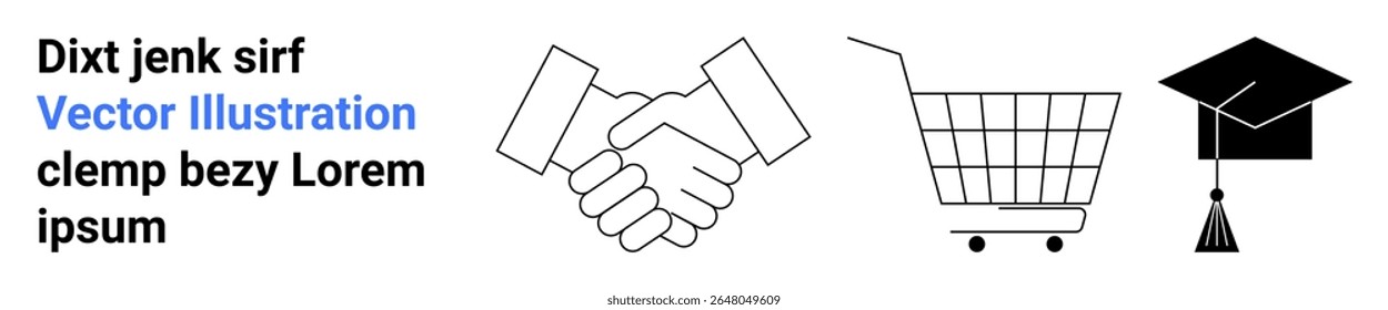 O design em preto e branco limpo apresenta um aperto de mão simbolizando a parceria, um carrinho de compras representando o comércio eletrônico e um boné de formatura indicando educação, junto com texto de amostra. Ideal