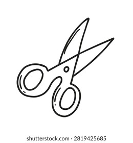 A clean black and white doodle style sketch of a pair of open scissors isolated on a white background