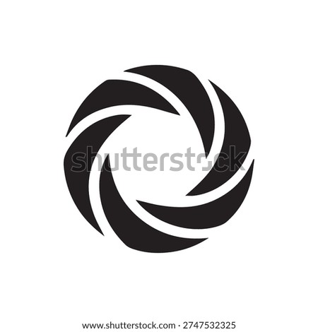 A clean black and white graphic of a camera lens aperture or shutter. A simple, modern icon for photography, video, and creative digital media.