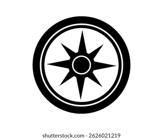 Clean black  white graphic design featuring a compass rose. Symbolizes navigation, guidance, direction. Versatile for travel, exploration, or tech projects.
