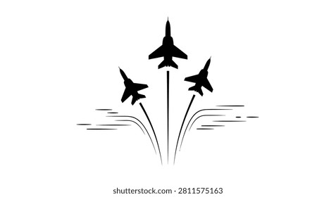 A clean black and white graphic illustration featuring three fighter jets soaring upward with trailing exhaust lines.