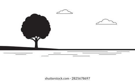 Clean black and white graphic of a single tree silhouetted over calm water with cloud outlines.
