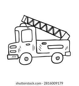 A clean black and white hand drawn sketch of a fire truck with a ladder isolated on a white background.