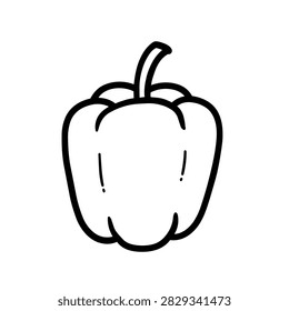 A clean black and white hand drawn sketch of a single bell pepper vegetable isolated on a white background.