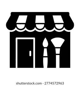 A clean black and white icon depicting a specialized art supply store featuring a storefront awning and professional paintbrushes, perfect for retail branding design.