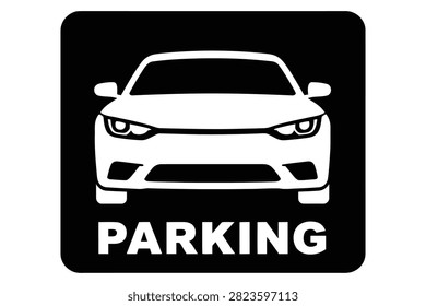A clean black and white icon depicting the front of a vehicle with the word parking underneath