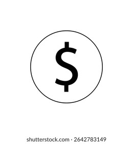 Um ícone preto e branco limpo com um símbolo de dólar em negrito dentro de um simples contorno circular, simbolizando a moeda