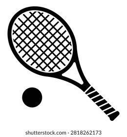 A clean black and white icon featuring a tennis racket with string mesh and a tennis ball. Perfect for sports branding, tournament logos, and fitness app design assets.