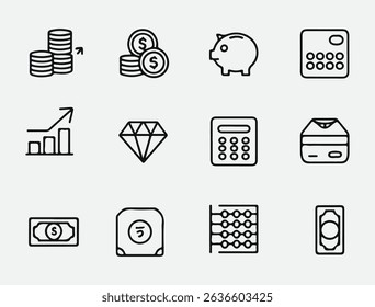 Clean black and white icon pack showing various economic and banking related vector symbols