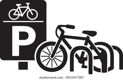 A clean black and white icon representing a designated bicycle parking area, featuring a parked bike at a rack and a sign with a large “P” and bicycle symbol. This universally recognizable design communicates urban cycling infrastructure and sustainable transport. Perfect for eco branding, transport signage, vector icon packs, and creative projects promoting cycling and green mobility.