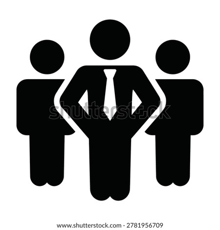 A clean black and white icon representing business leadership with a central manager character leading a team of two employees. Ideal for corporate communication.