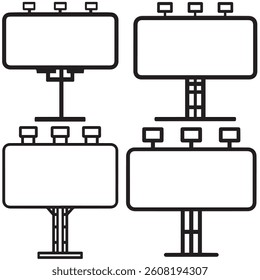 Clean black and white icons of billboards with lights and poles ideal for signage branding and marketing