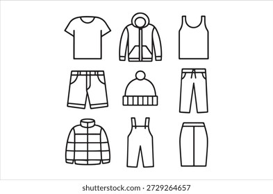 Una ilustración limpia en blanco y negro que muestra una colección de prendas esenciales en un estilo de contorno simple.